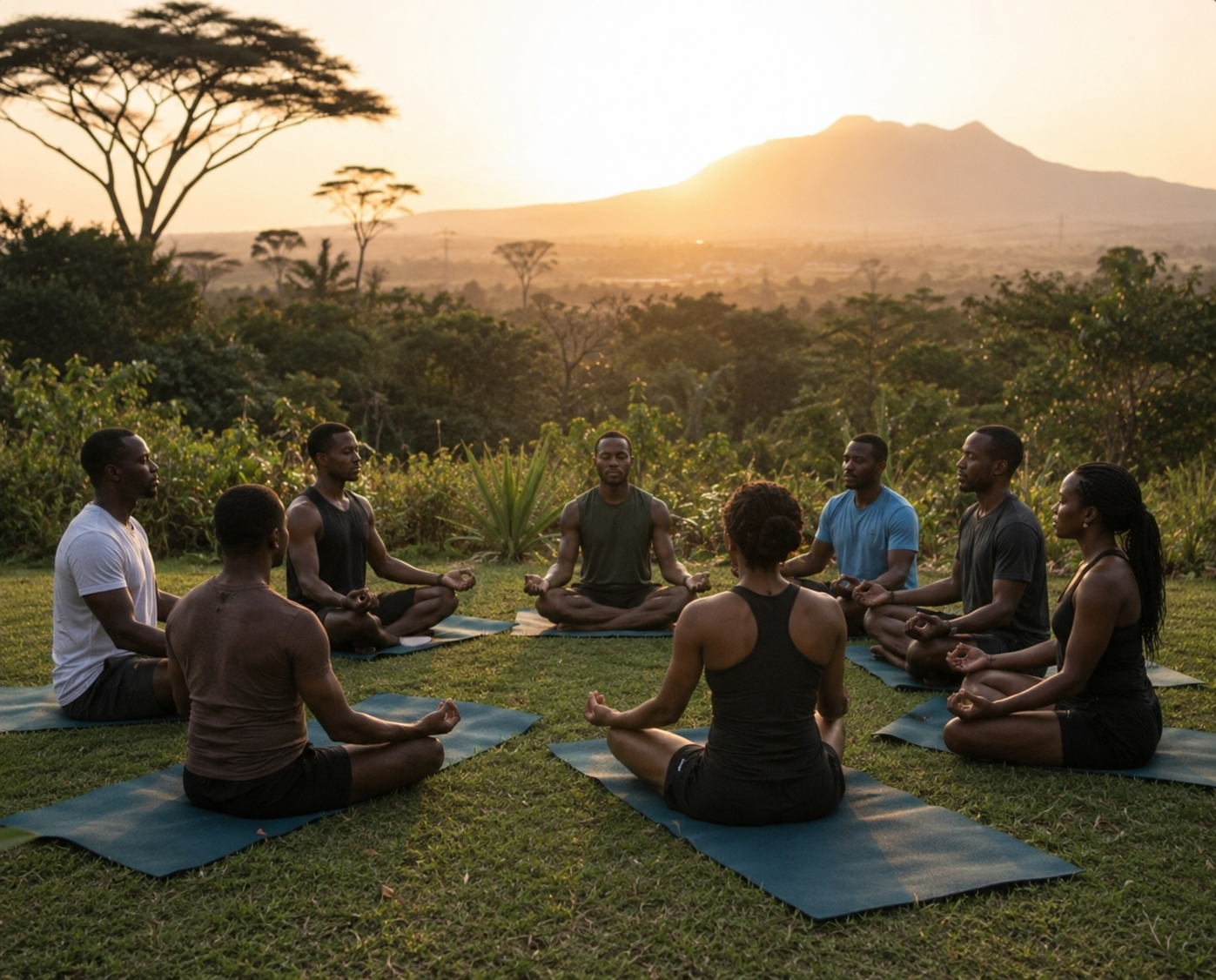 A diverse group of Black professionals meditating at sunrise during an African wellness retreat.